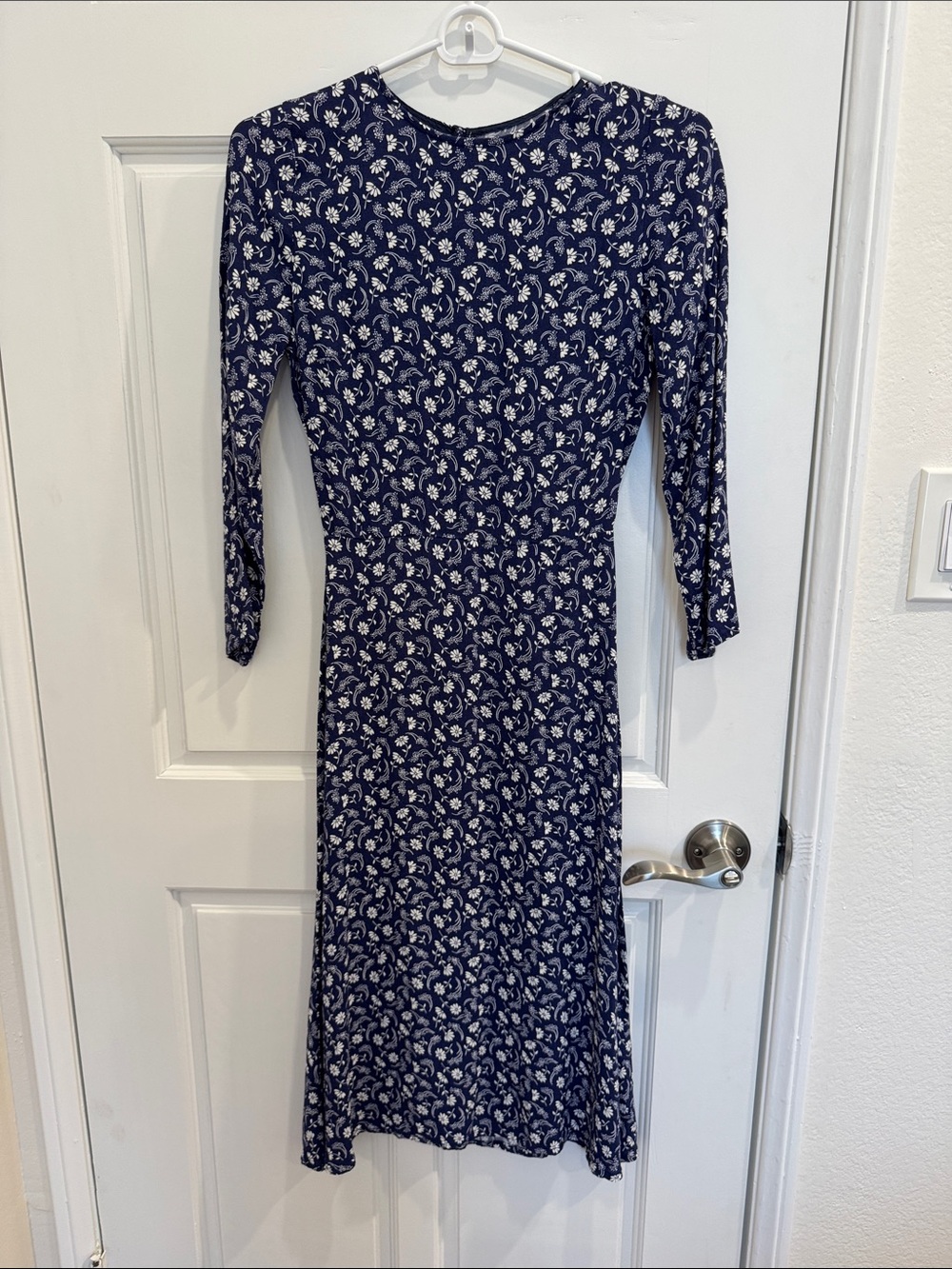Reformation Navy and White Floral Long-Sleeve Midi Dress